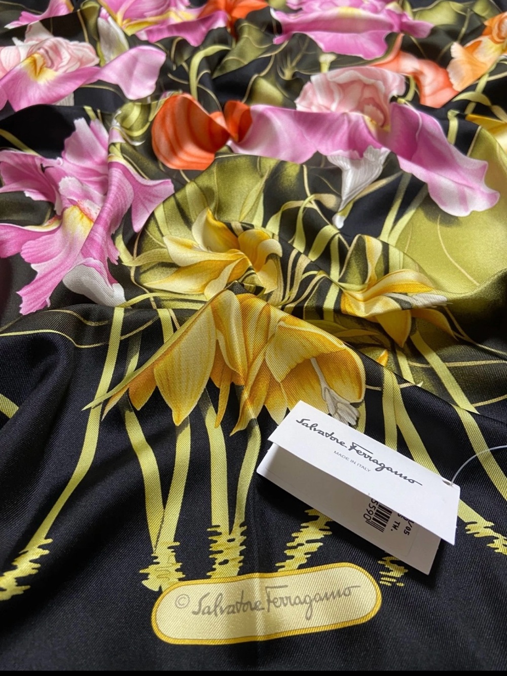 Salvatore Ferragamo Black Floral Silk Wrap with Pink, Yellow & Green Accents